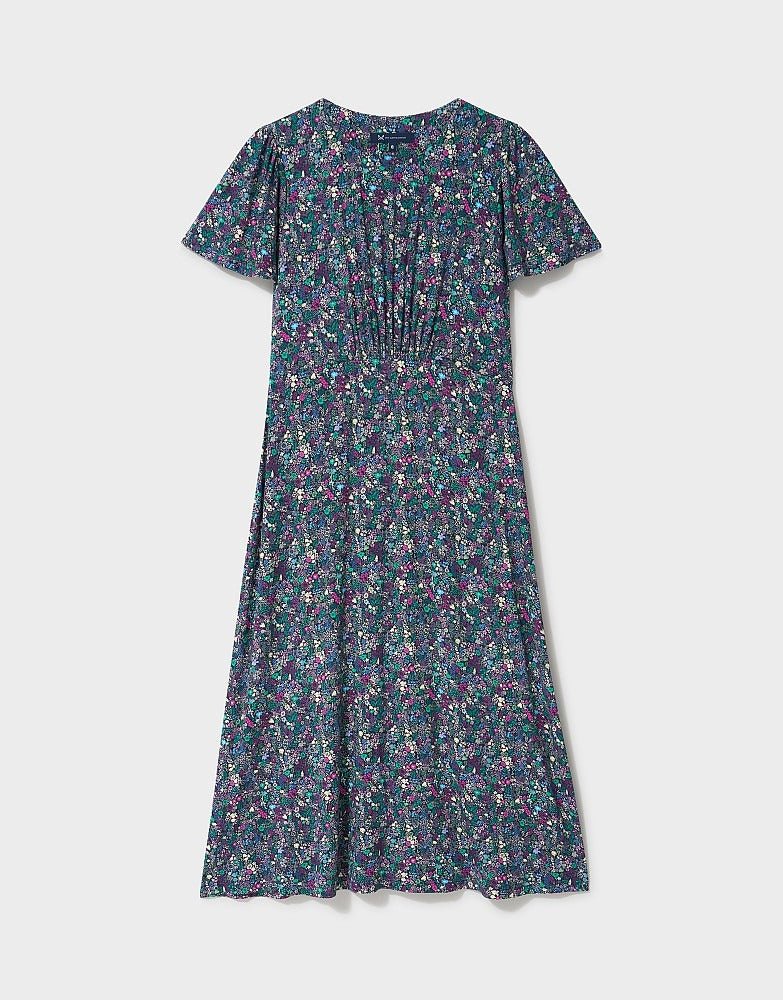 Young Ideas & Henmores - Jenna Flutter Sleeve Jersey Dress - Navy Meadow - 8