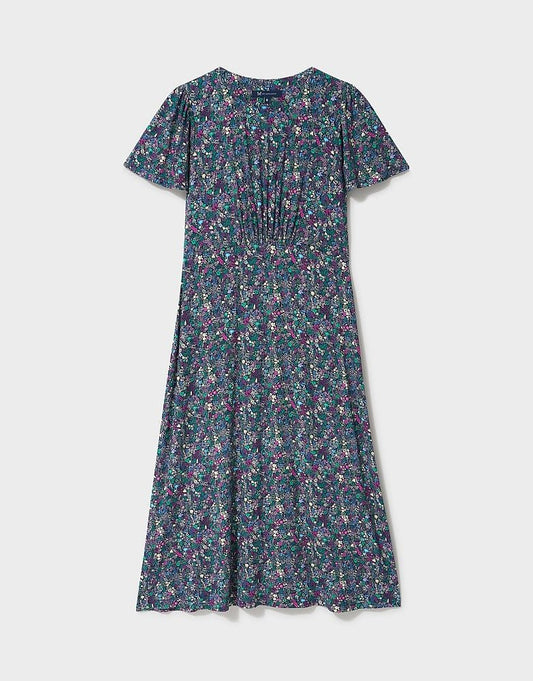 Young Ideas & Henmores - Jenna Flutter Sleeve Jersey Dress - Navy Meadow - 8