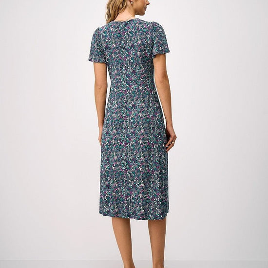 Young Ideas & Henmores - Jenna Flutter Sleeve Jersey Dress - Navy Meadow - 8