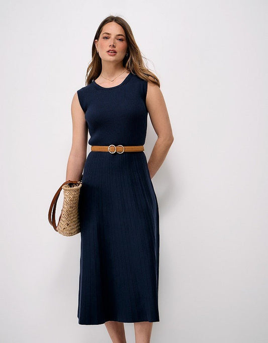 Young Ideas & Henmores -Lou Fluted Rib Knitted Dress -Navy -8