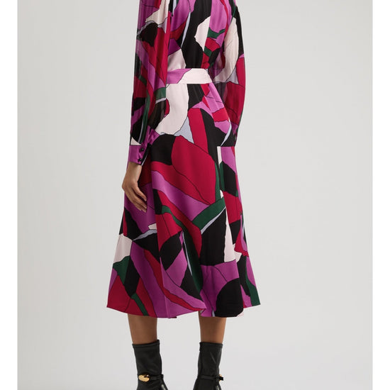 Young Ideas/Henmores - Abel Geometric V Neck Midi Dress With Belt - Pink Geometric - S