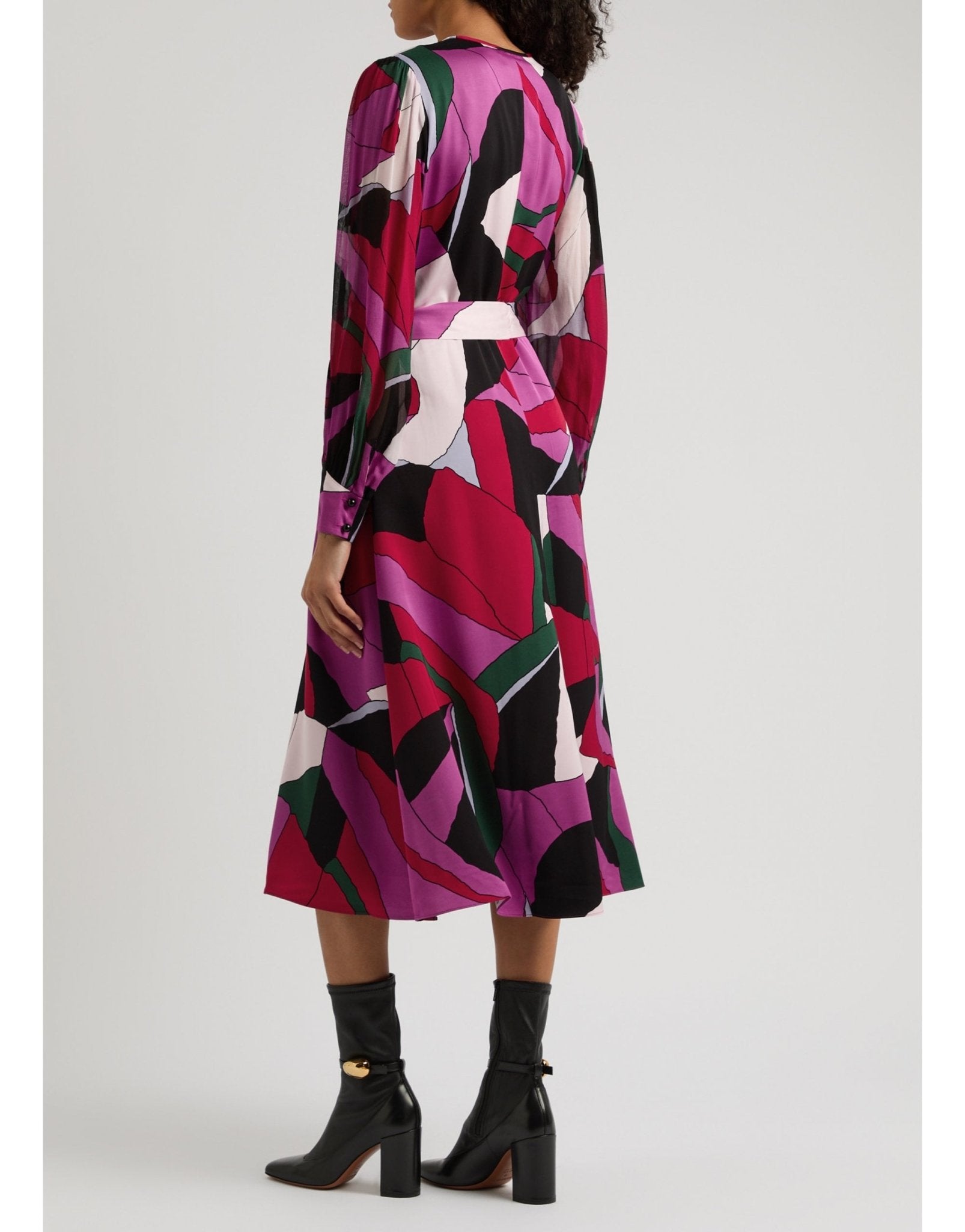 Young Ideas/Henmores - Abel Geometric V Neck Midi Dress With Belt - Pink Geometric - S