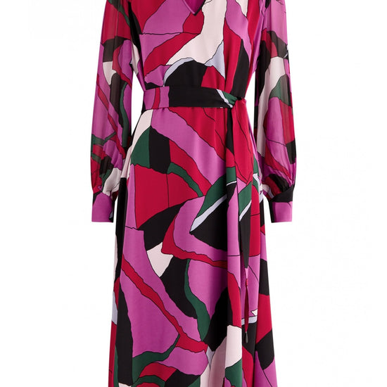 Young Ideas/Henmores - Abel Geometric V Neck Midi Dress With Belt - Pink Geometric - S
