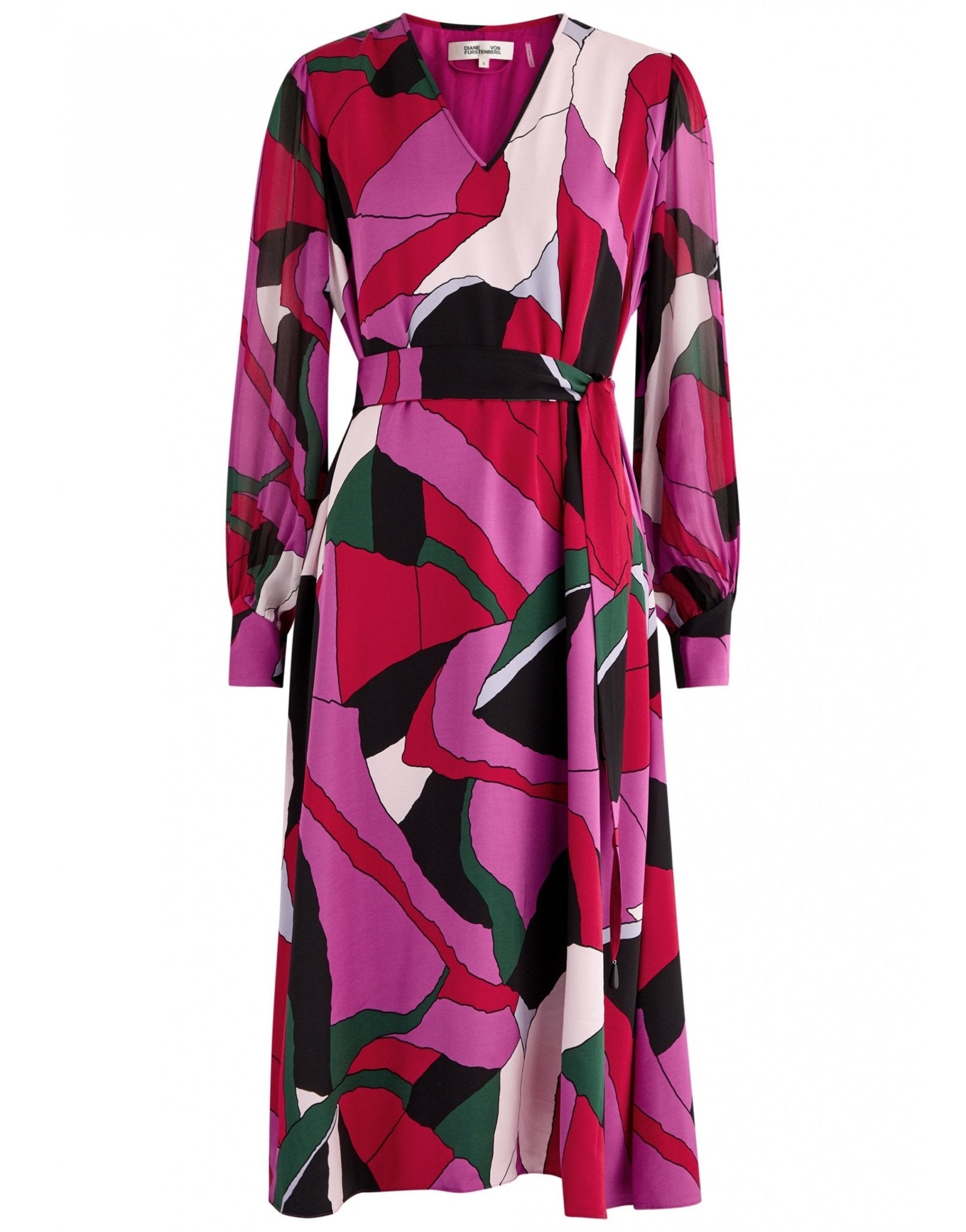 Young Ideas/Henmores - Abel Geometric V Neck Midi Dress With Belt - Pink Geometric - S