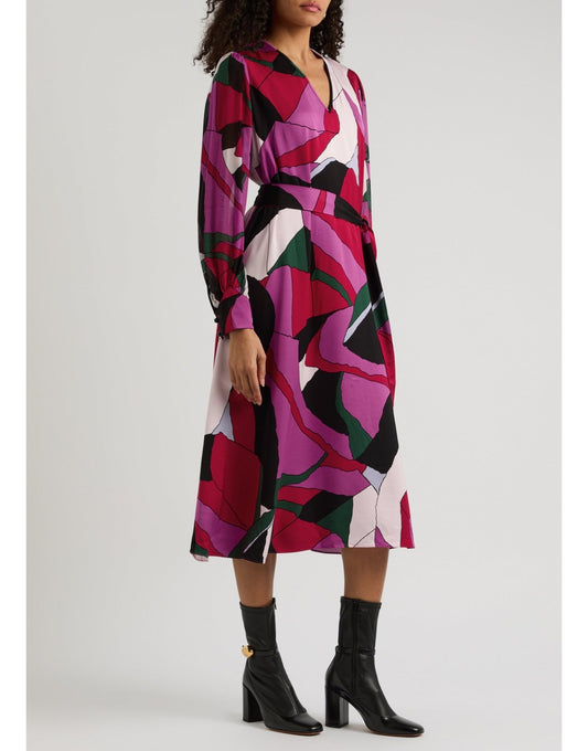 Young Ideas/Henmores - Abel Geometric V Neck Midi Dress With Belt - Pink Geometric - S