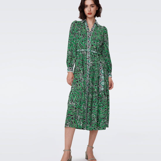 Young Ideas/Henmores - Alea Tiger Print Contrast Collar Midi Dress - Green/Black - 10