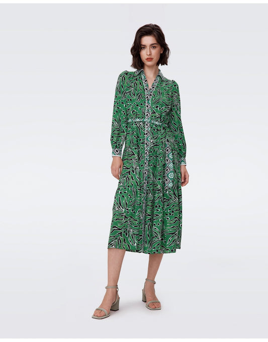 Young Ideas/Henmores - Alea Tiger Print Contrast Collar Midi Dress - Green/Black - 10