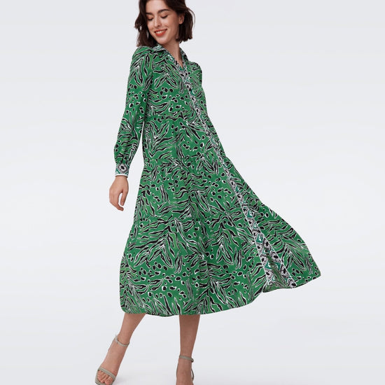 Young Ideas/Henmores - Alea Tiger Print Contrast Collar Midi Dress - Green/Black - 10