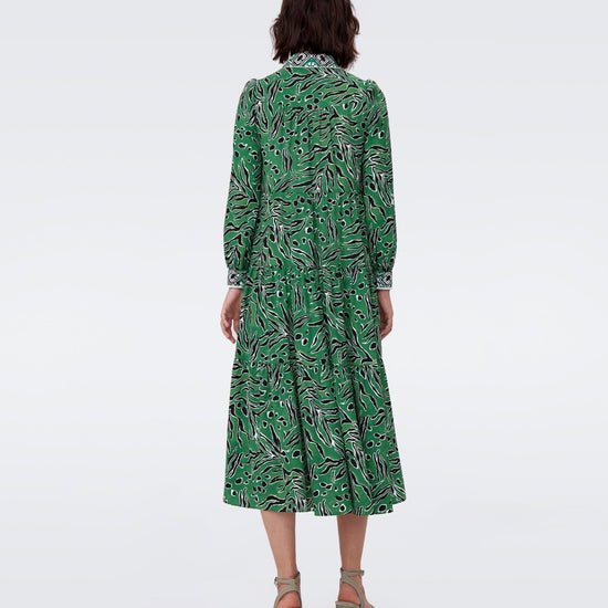 Young Ideas/Henmores - Alea Tiger Print Contrast Collar Midi Dress - Green/Black - 10