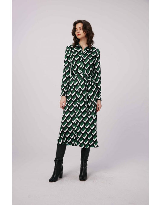 Young Ideas/Henmores - Gizelle Blocks Tie Waist Midi Dress - BLGLG Dark Green Multi - S