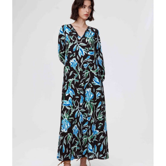 Young Ideas/Henmores - Vandy Tulip Fields Tie Waist Midi Dress - Blue/Black - S