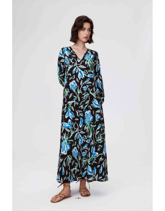 Young Ideas/Henmores - Vandy Tulip Fields Tie Waist Midi Dress - Blue/Black - S