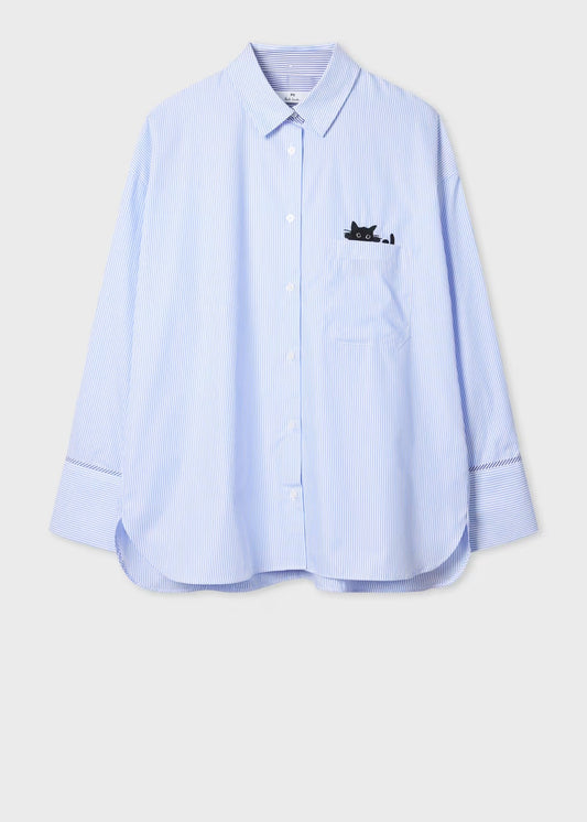 Pocket Cat Detail Striped Oversized Shirt