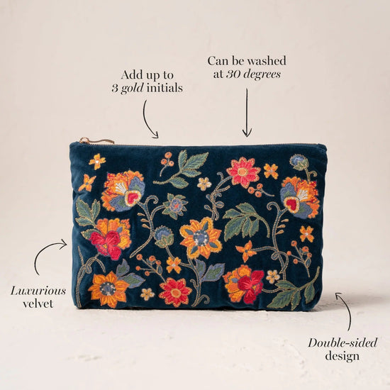 Young Ideas & Henmores -Botanical Garden Ink Blue Velvet Everyday Pouch -Ink Blue -OS