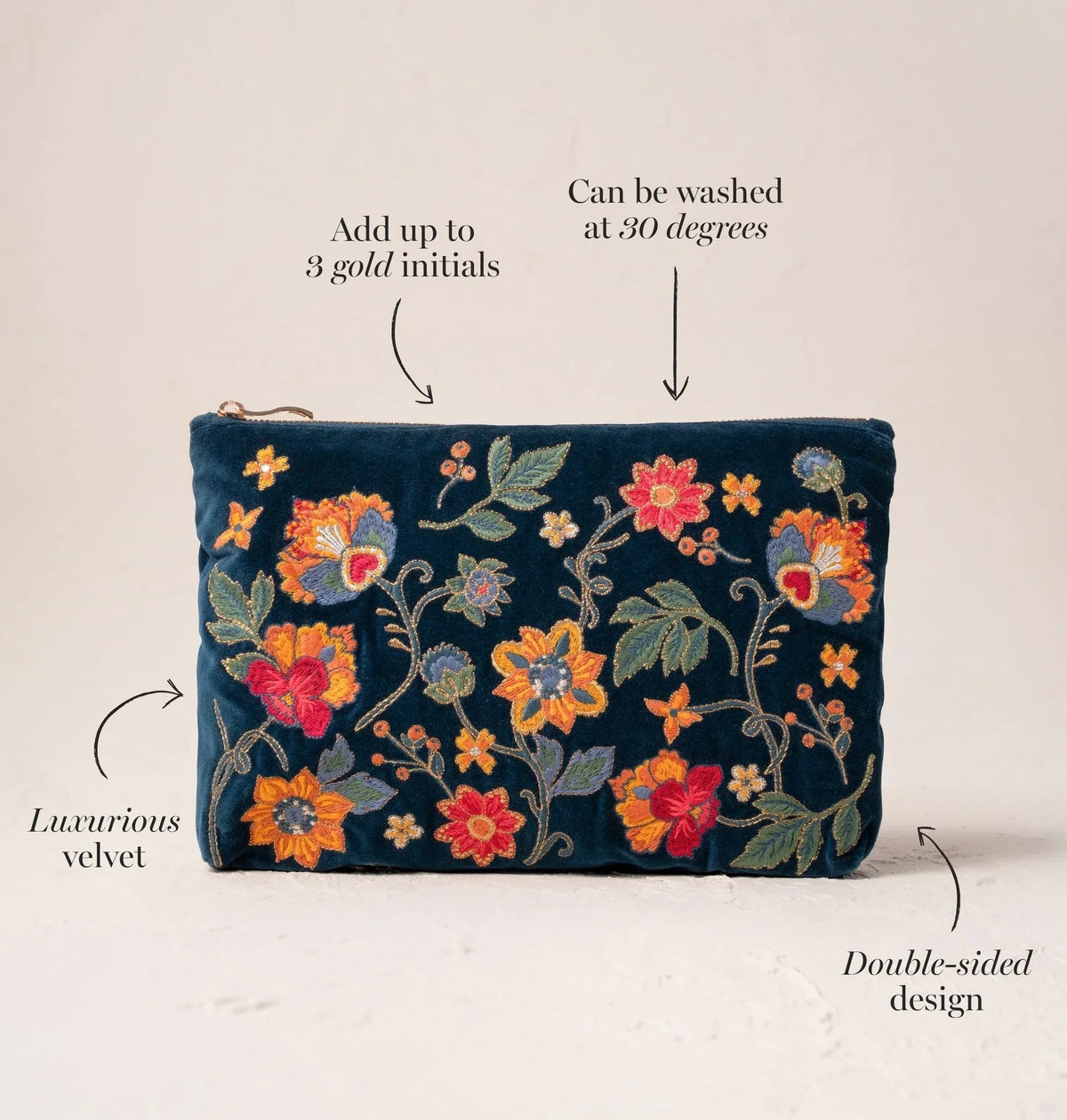 Young Ideas & Henmores -Botanical Garden Ink Blue Velvet Everyday Pouch -Ink Blue -OS