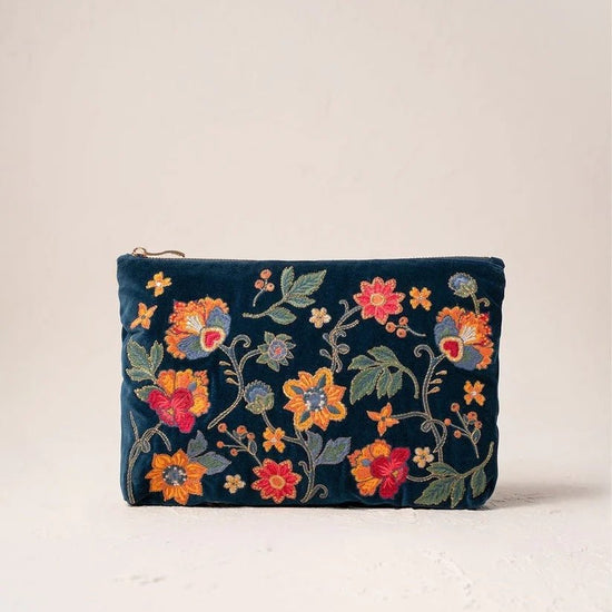Young Ideas & Henmores -Botanical Garden Ink Blue Velvet Everyday Pouch -Ink Blue -OS