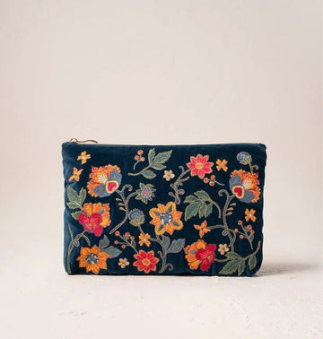 Young Ideas & Henmores -Botanical Garden Ink Blue Velvet Everyday Pouch -Ink Blue -OS