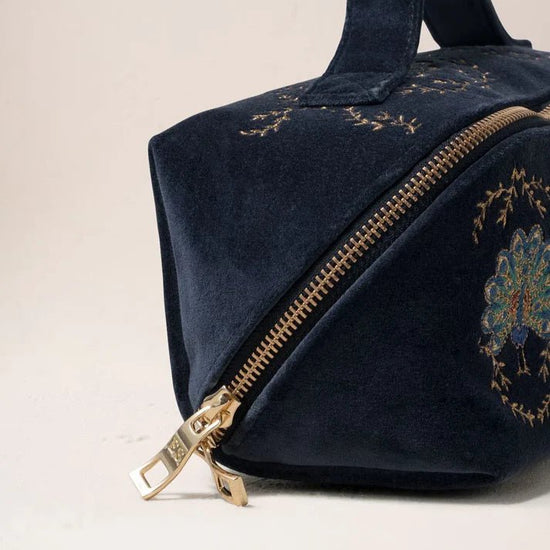 Young Ideas & Henmores -Botanical Peacock Indigo Blue Velvet Open Flat Makeup Bag -Indigo -OS