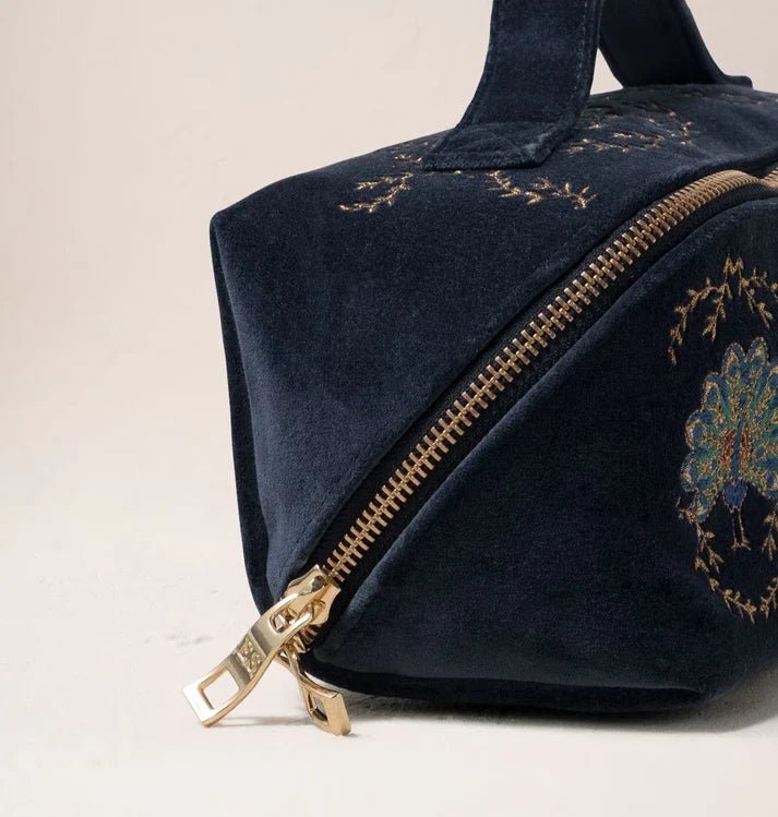 Young Ideas & Henmores -Botanical Peacock Indigo Blue Velvet Open Flat Makeup Bag -Indigo -OS
