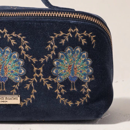 Young Ideas & Henmores -Botanical Peacock Indigo Blue Velvet Open Flat Makeup Bag -Indigo -OS