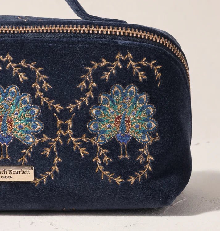 Young Ideas & Henmores -Botanical Peacock Indigo Blue Velvet Open Flat Makeup Bag -Indigo -OS