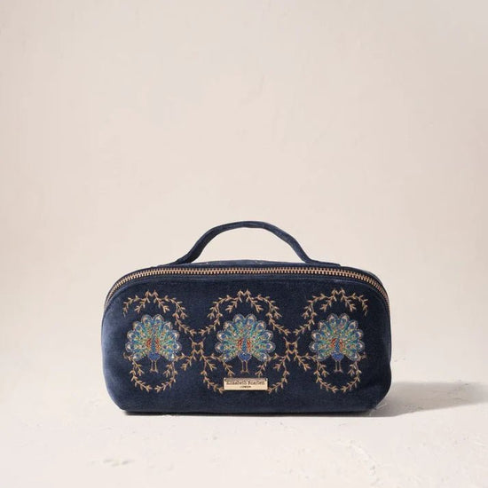Young Ideas & Henmores -Botanical Peacock Indigo Blue Velvet Open Flat Makeup Bag -Indigo -OS