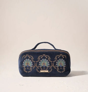 Young Ideas & Henmores -Botanical Peacock Indigo Blue Velvet Open Flat Makeup Bag -Indigo -OS
