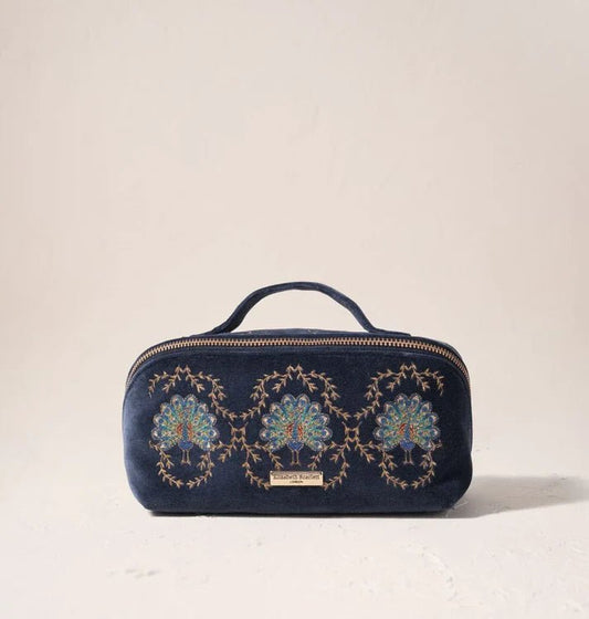 Young Ideas & Henmores -Botanical Peacock Indigo Blue Velvet Open Flat Makeup Bag -Indigo -OS