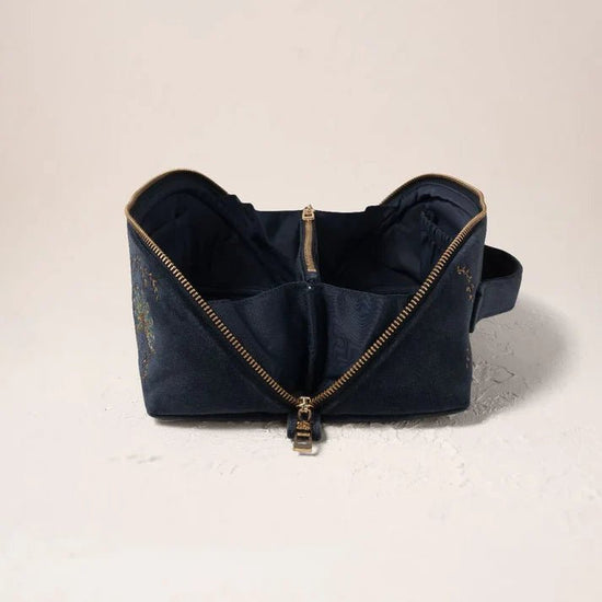 Young Ideas & Henmores -Botanical Peacock Indigo Blue Velvet Open Flat Makeup Bag -Indigo -OS