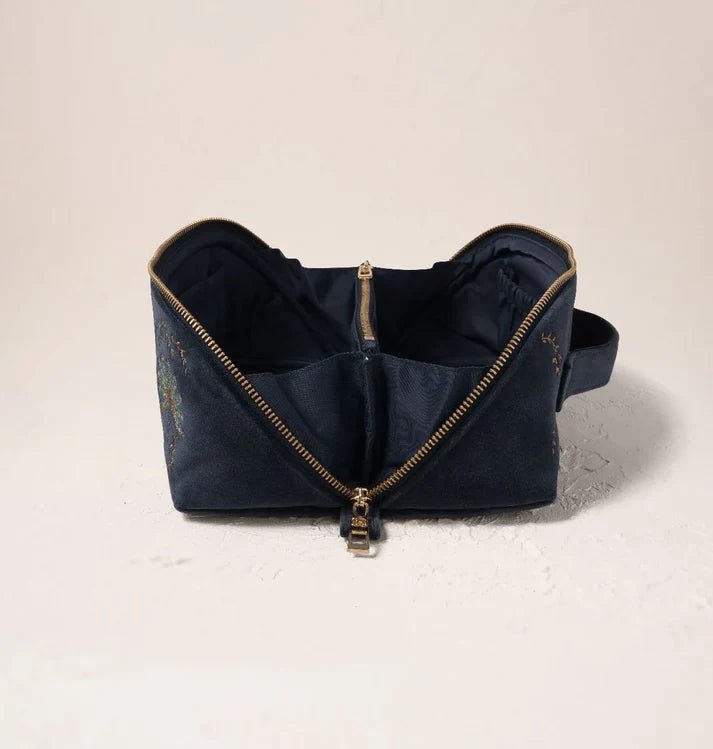 Young Ideas & Henmores -Botanical Peacock Indigo Blue Velvet Open Flat Makeup Bag -Indigo -OS