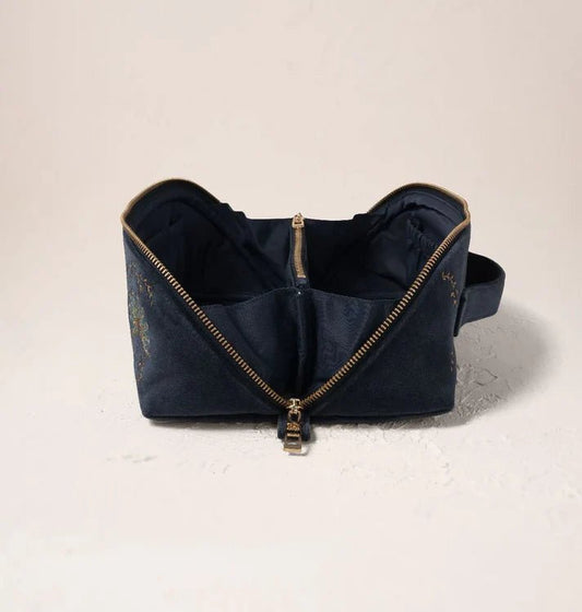 Young Ideas & Henmores -Botanical Peacock Indigo Blue Velvet Open Flat Makeup Bag -Indigo -OS