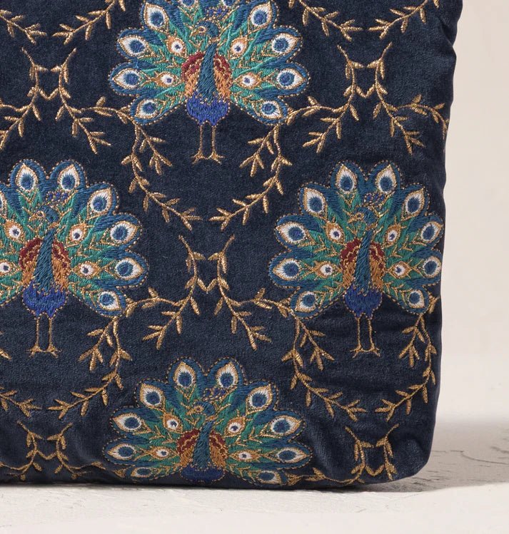 Young Ideas & Henmores -Botanical Peacock Indigo Velvet Everyday Pouch -Indigo -OS