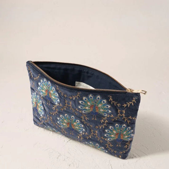 Young Ideas & Henmores -Botanical Peacock Indigo Velvet Everyday Pouch -Indigo -OS