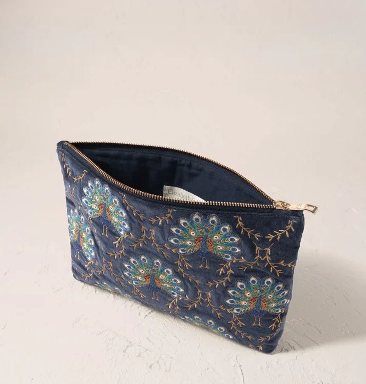 Young Ideas & Henmores -Botanical Peacock Indigo Velvet Everyday Pouch -Indigo -OS