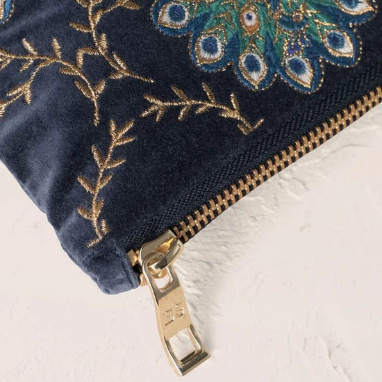 Young Ideas & Henmores -Botanical Peacock Indigo Velvet Everyday Pouch -Indigo -OS