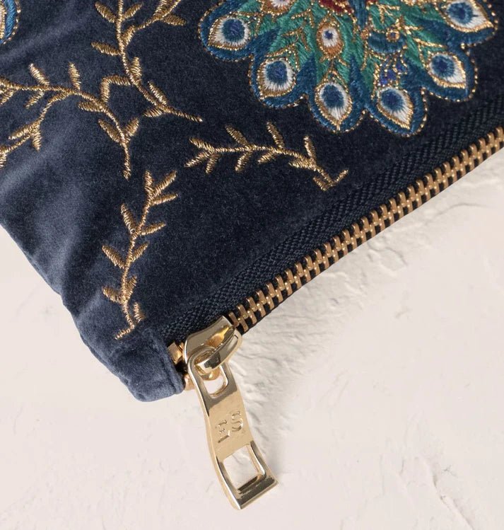 Young Ideas & Henmores -Botanical Peacock Indigo Velvet Everyday Pouch -Indigo -OS
