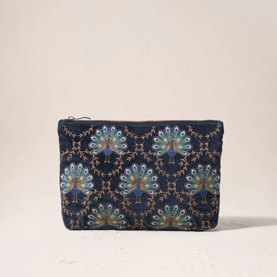 Young Ideas & Henmores -Botanical Peacock Indigo Velvet Everyday Pouch -Indigo -OS