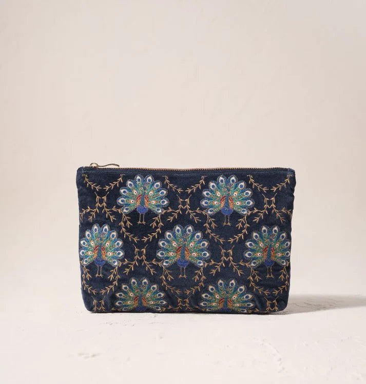 Young Ideas & Henmores -Botanical Peacock Indigo Velvet Everyday Pouch -Indigo -OS