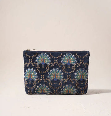 Young Ideas & Henmores -Botanical Peacock Indigo Velvet Everyday Pouch -Indigo -OS