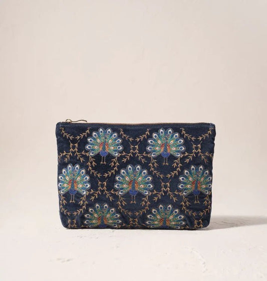 Young Ideas & Henmores -Botanical Peacock Indigo Velvet Everyday Pouch -Indigo -OS