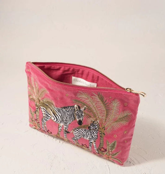 Young Ideas & Henmores -Botanical Zebra Velvet Everyday Pouch -Peony -OS