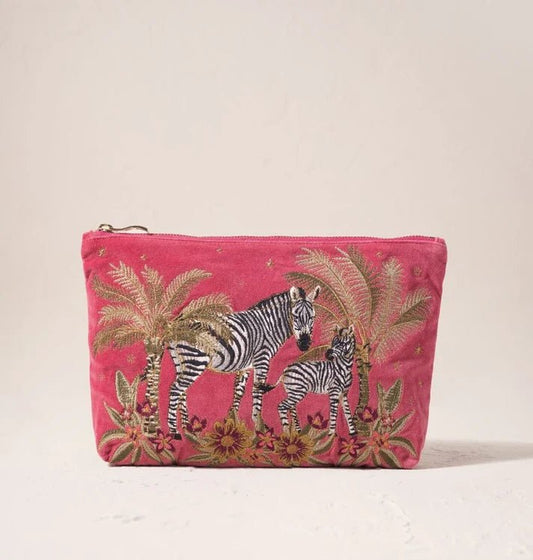 Young Ideas & Henmores -Botanical Zebra Velvet Everyday Pouch -Peony -OS