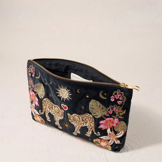 Young Ideas & Henmores -Celestial Leopard Charcoal Velvet Everyday Pouch -Charcoal -OS