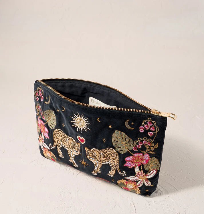 Young Ideas & Henmores -Celestial Leopard Charcoal Velvet Everyday Pouch -Charcoal -OS