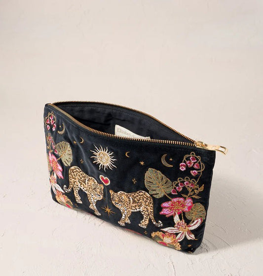 Young Ideas & Henmores -Celestial Leopard Charcoal Velvet Everyday Pouch -Charcoal -OS