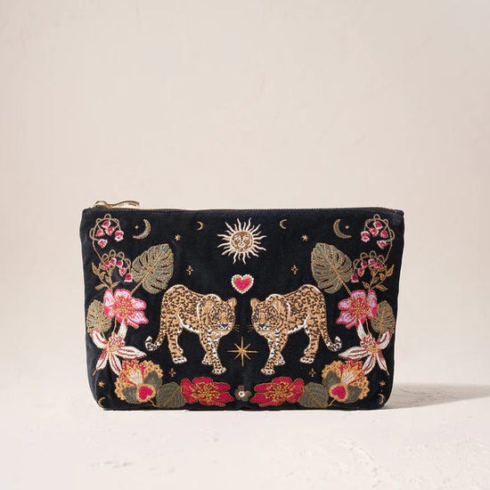 Young Ideas & Henmores -Celestial Leopard Charcoal Velvet Everyday Pouch -Charcoal -OS