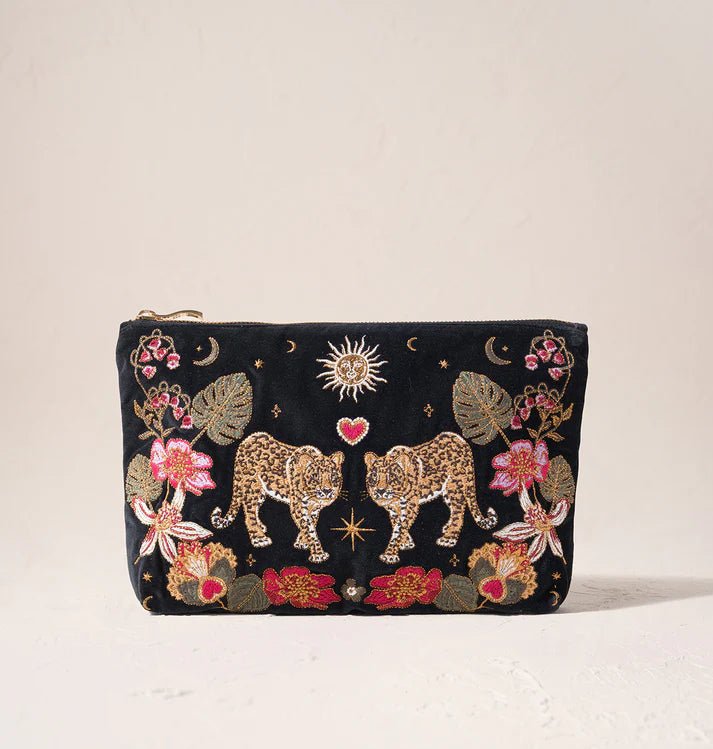 Young Ideas & Henmores -Celestial Leopard Charcoal Velvet Everyday Pouch -Charcoal -OS