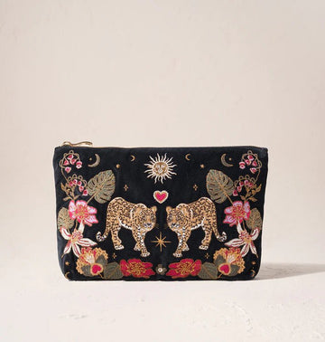 Young Ideas & Henmores -Celestial Leopard Charcoal Velvet Everyday Pouch -Charcoal -OS
