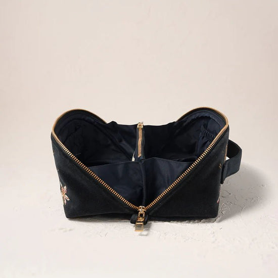 Young Ideas & Henmores -Celestial Leopard Charcoal Velvet Open Flat Makeup Bag -Charcoal -OS