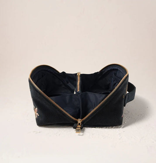 Young Ideas & Henmores -Celestial Leopard Charcoal Velvet Open Flat Makeup Bag -Charcoal -OS